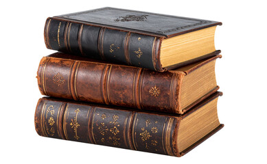Three Stack of Vintage Books with Leather Covers, isolated on a transparent background