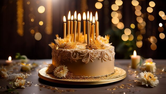 cinematic birthday cake with golden candles and floral detail