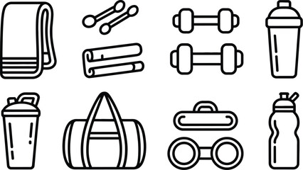 A collection of gym essentials including weights, towels, and water bottles