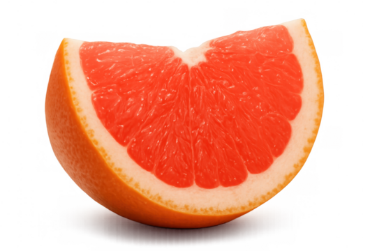 Vibrant grapefruit slice displaying juicy pink pulp, transparent backdrop highlighting fresh citrus texture and nutritional details