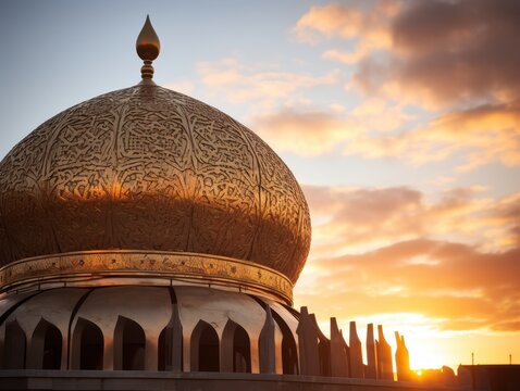 Sunrise over domed mosque atop minaret