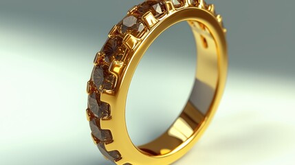 High-quality 3D rendered image of a luxurious golden ring set with sparkling round-cut diamonds, displayed on a soft gradient background with elegant lighting and reflections.