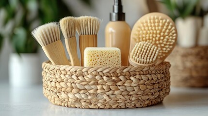Natural bamboo brushes and spa items in woven basket