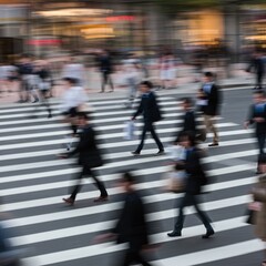 Blurred Motion of People Crossing a Busy City Street