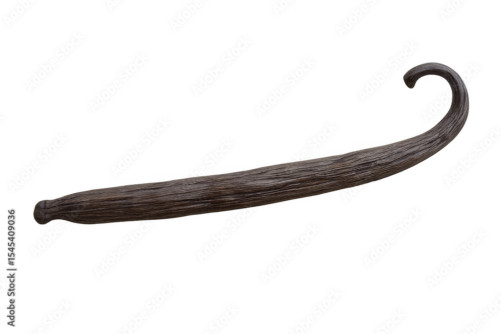 Poster close-up of a vanilla pod, showcasing its texture and curled tip, isolated on a transparent backgrou