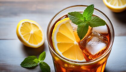 Fototapeta premium a glass of ice tea with lemon slices and mint leaves