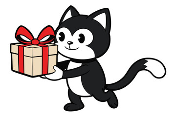 Cartoon tuxedo cat smiling while carrying present with red bow, on white background