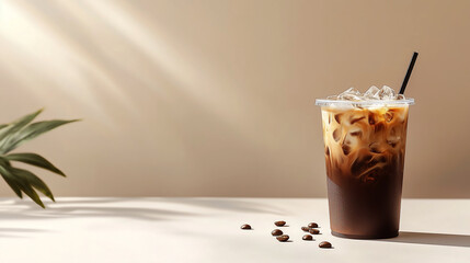 Ice coffee with milk and ice cubes placed on a minimalist table with a warm background