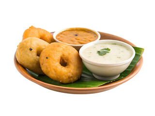 Delicious medu vada with sambar and chutney isolated on a white background