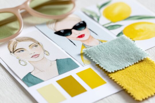 Fashion designer creating new collection using fabric swatches, sketches and color palettes - Powered by Adobe