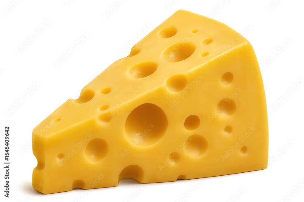 Poster triangular piece of swiss cheese with characteristic holes, isolated on a transparent background, re