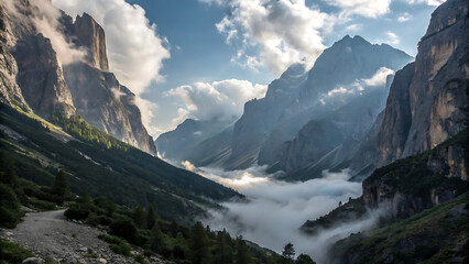  A shot from deep within a valley, looking up at towering, dramatic mountain peaks on either side, emphasizing scale.