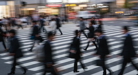 Blurred Motion of People Crossing Busy City Street at Night