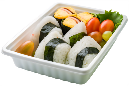 Delicious onigiri rice balls bento box isolated on white background 