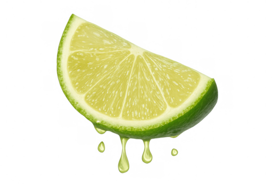 Fresh lime wedge with dripping juice isolated on transparent background, perfect for food and beverage advertising