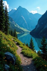 Stunning alpine lake trail, high altitude path, valley, barrage