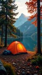 Campsite nestled amongst fiery trees, gear neatly packed , red, vegetation