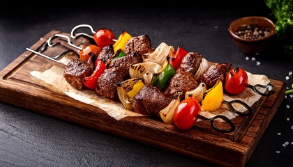 grilled meat skewers with fresh vegetables on wooden board in dark background