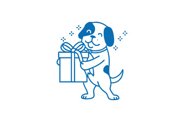 Happy dog is standing and holding a gift box wrapped with ribbon