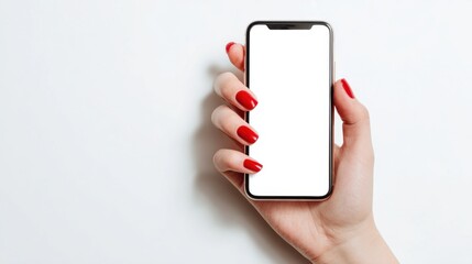 Woman hand holding smartphone with red nail polish and white screen
