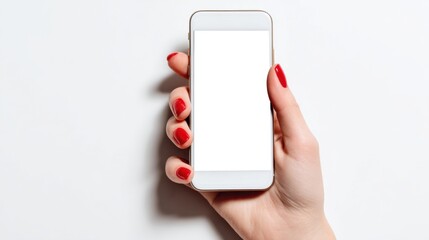 Woman hand holding smartphone with blank screen on white background