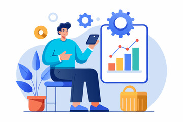 Business analysis concept, person holding tablet with gear and growth chart, office workspace, professional planning, corporate strategy, vector illustration of data management.