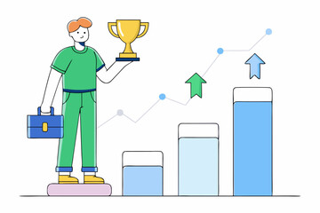 Professional success concept, person holding trophy and briefcase near growth chart and arrows, business achievement, corporate goal, office progress, vector illustration of workspace.
