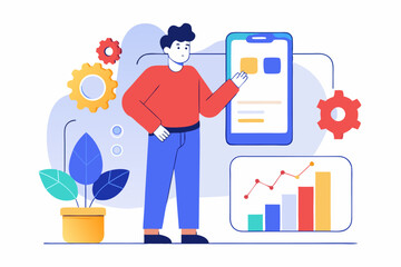 Digital strategy concept, person working on tablet with gear and chart, office collaboration, professional planning, business innovation, vector illustration of workspace.