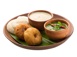 Delicious south indian breakfast medu vada idli sambar chutney isolated on a white background