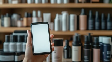 Woman holding smartphone with blank screen in cosmetics store