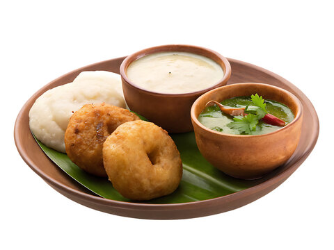 Delicious south indian breakfast medu vada idli sambar chutney isolated on a white background