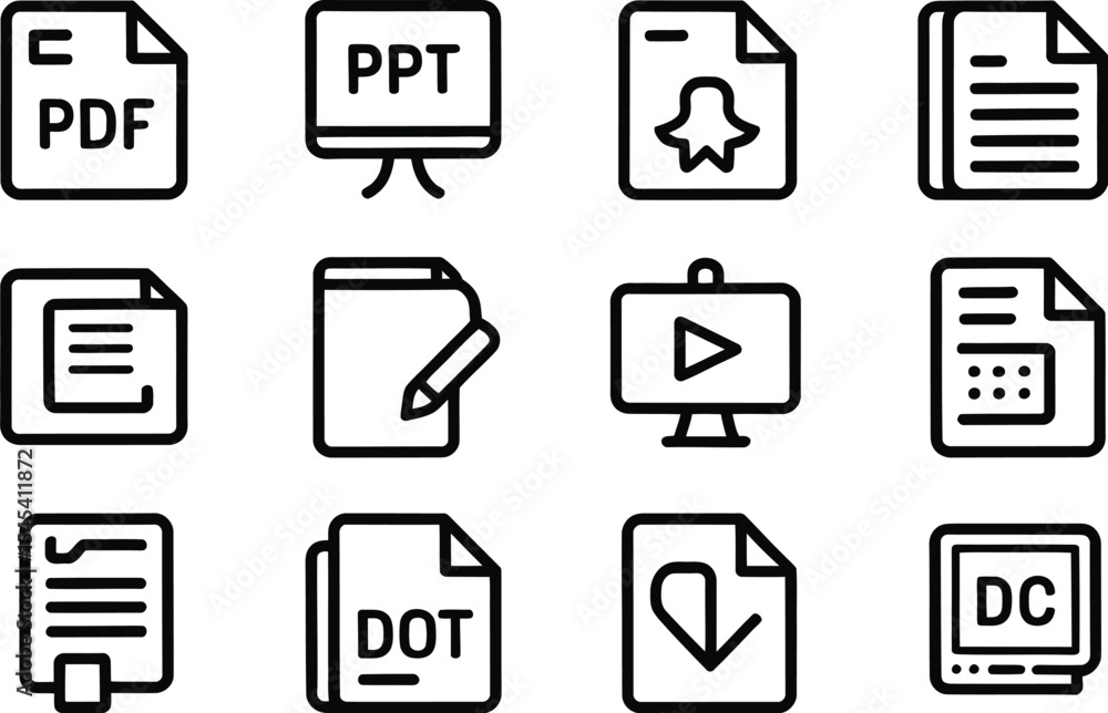Fototapete a set of twelve file type icons including pdf ppt dot dc and video icons