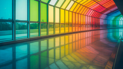 A dramatic architectural photograph of a curved corridor with vibrant colored glass panels.