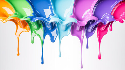 A horizontal abstract art piece featuring a rainbow of paint splashes arranged in a gradient from left to right