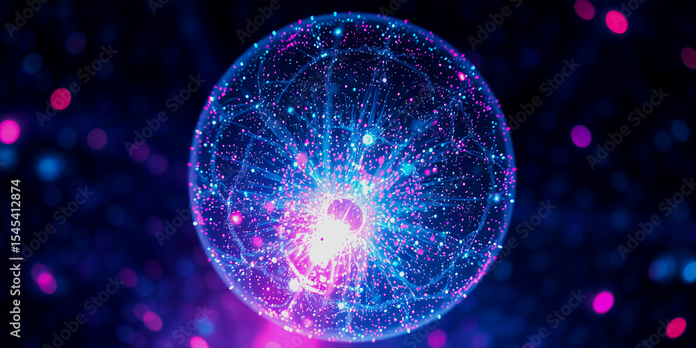 Poster a glowing orb with interconnected points and lines in shades of blue and pink against dark backgroun