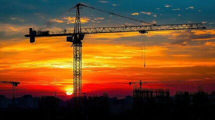 Fototapeta premium Silhouette crane at sunset over construction site