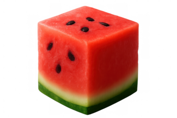 Ripe cubic watermelon with red flesh, green rind, and black seeds isolated on a transparent background, perfect for summer projects