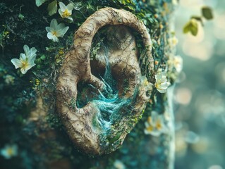 "Fantasy ear sculpted into tree bark, surrounded by flowers and waterfall"