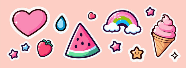 Vector illustration in kawaii cartoon sticker style: includes heart, rainbow, watermelon, strawberry, ice cream, stars and drop. Uses pastel pink, green, blue, yellow.