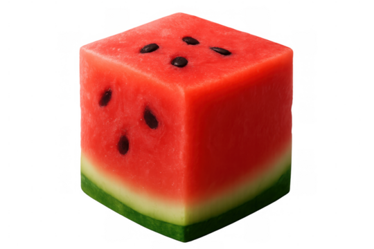 Ripe cubic watermelon with red flesh, green rind, and black seeds isolated on a transparent background, perfect for summer projects