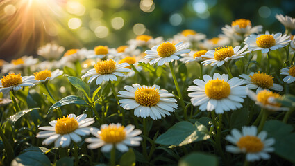 Fototapeta premium Close-up of white daisies blooming in a sunny garden, vibrant yellow centers, lush green foliage, natural sunlight
