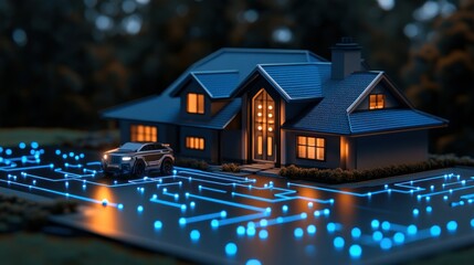 Smart home at night, illuminated by glowing circuits