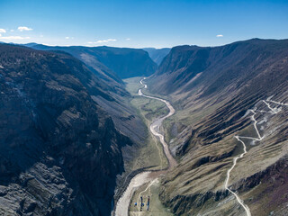 Mountain pass Katu-Yaryk. Valley of the mountain river Chulyshman. Landscape. Mountain dangerous road.