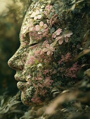 A woman's face blending into the wilderness, featuring flowers and foliage in shades of green, pink, and white