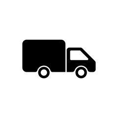 Illustration of a black delivery truck with a boxy cargo area and two visible wheels on a white background