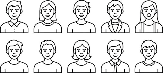 A collection of ten line art illustrations of people with various hairstyles