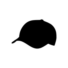 A simple black silhouette of a baseball cap with a curved brim and a top button design element shown