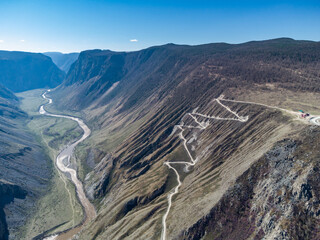 Mountain pass Katu-Yaryk. Valley of the mountain river Chulyshman. Landscape. Mountain dangerous road.