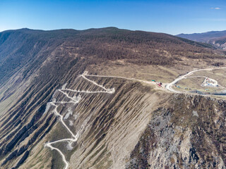 Mountain pass Katu-Yaryk. Valley of the mountain river Chulyshman. Landscape. Mountain dangerous road.