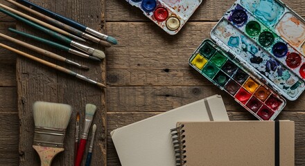 Artistic Inspiration: A Rustic Still Life of Paintbrushes, Watercolors, and Sketchbooks on Weathered Wood. High quality professional stock photo suitable for commercial use.